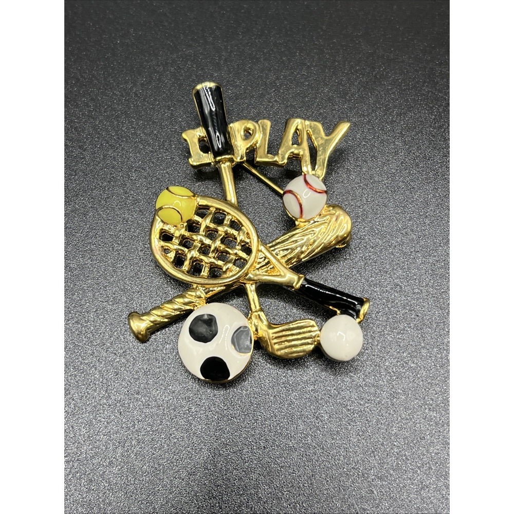 Gold-Tone Enamel Sports Brooch Pin 'I Play' Baseball, Tennis, Golf, Soccer Vtg.